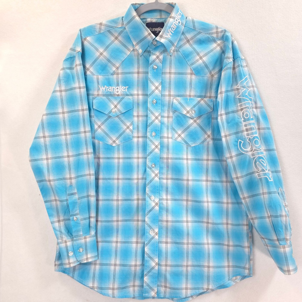 Wrangler Western Shirt Big Logo Sleeve Embroidery Blue Plaid Men M Rodeo Cowboy
